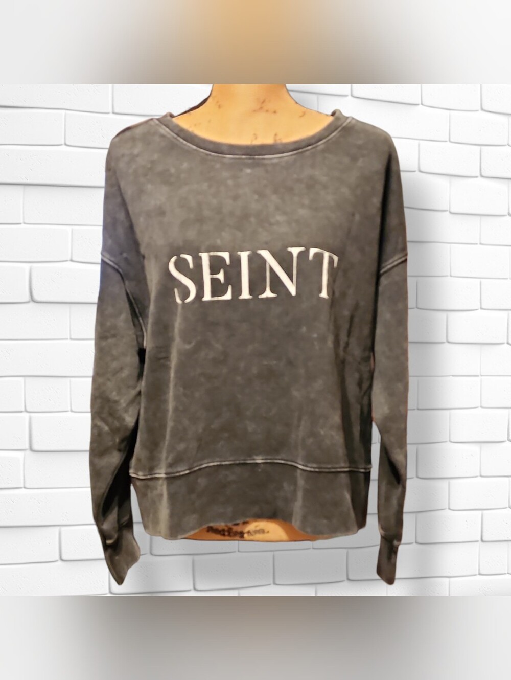 SEINT Dark Gray Mineral Wash Distressed Cropped Crew neck
